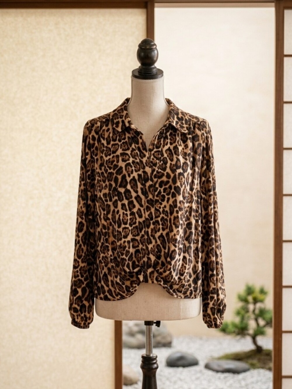 Intempo Leopard Print Long Sleeve Blouse - Plus Size 3X Twist-Front